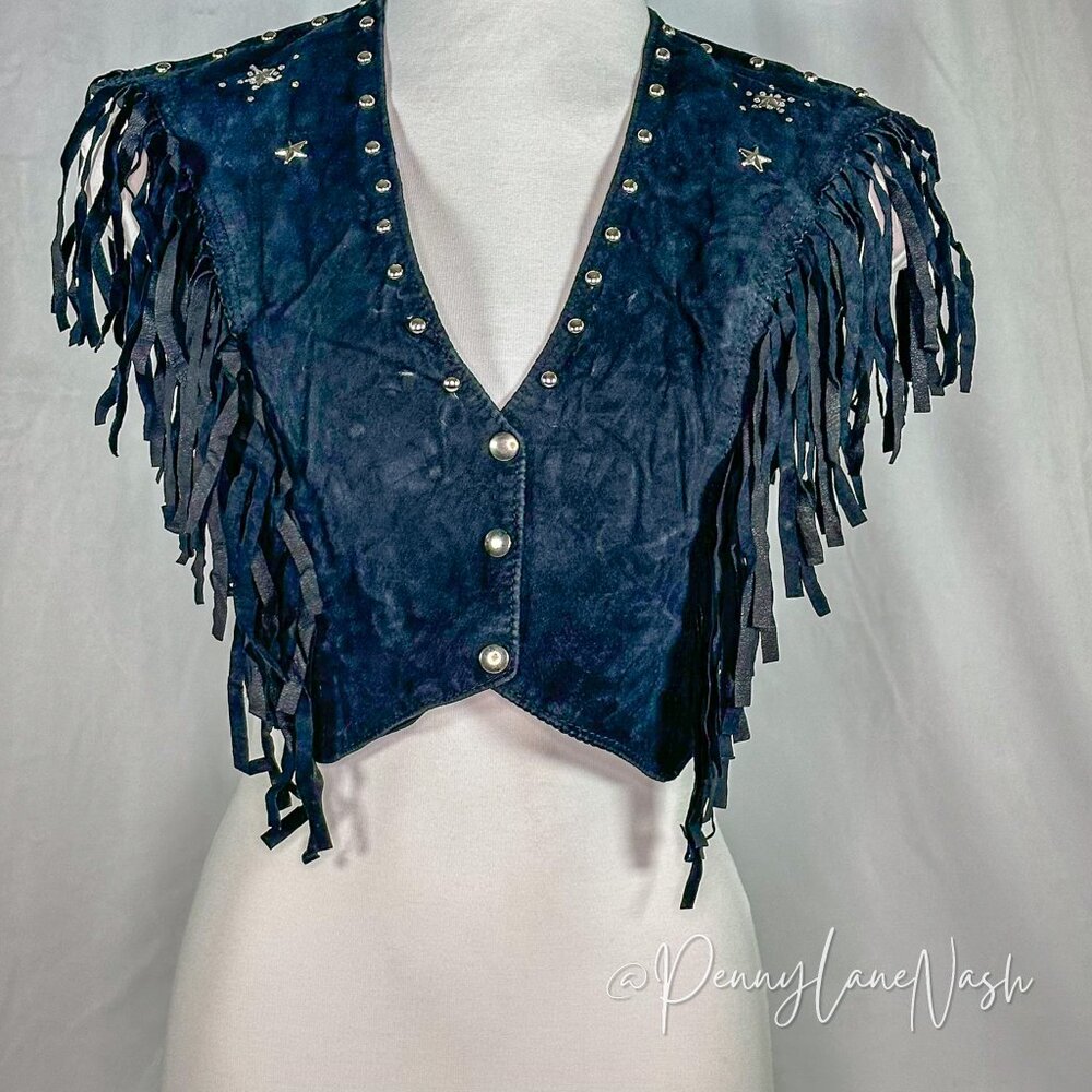 Vintage West Wind Fringe Studded Cropped Vest Black